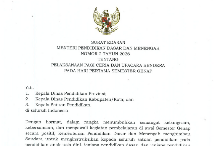 Surat Edaran Mendikdasmen Nomor 2 Tahun 2026 Tentang Pelaksanaan Pagi Ceria dan Upacara Bendera Pada